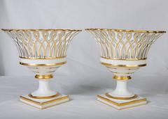 Pair of Antique French Porcelain Gilded Baskets 'Corbeilles'