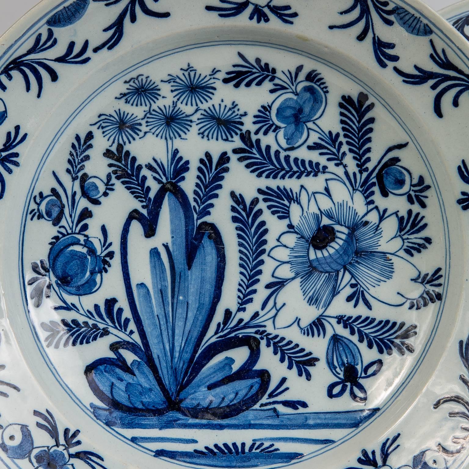 Hand-Painted Pair of Blue and White Delft Chargers Made in Netherlands circa 1800