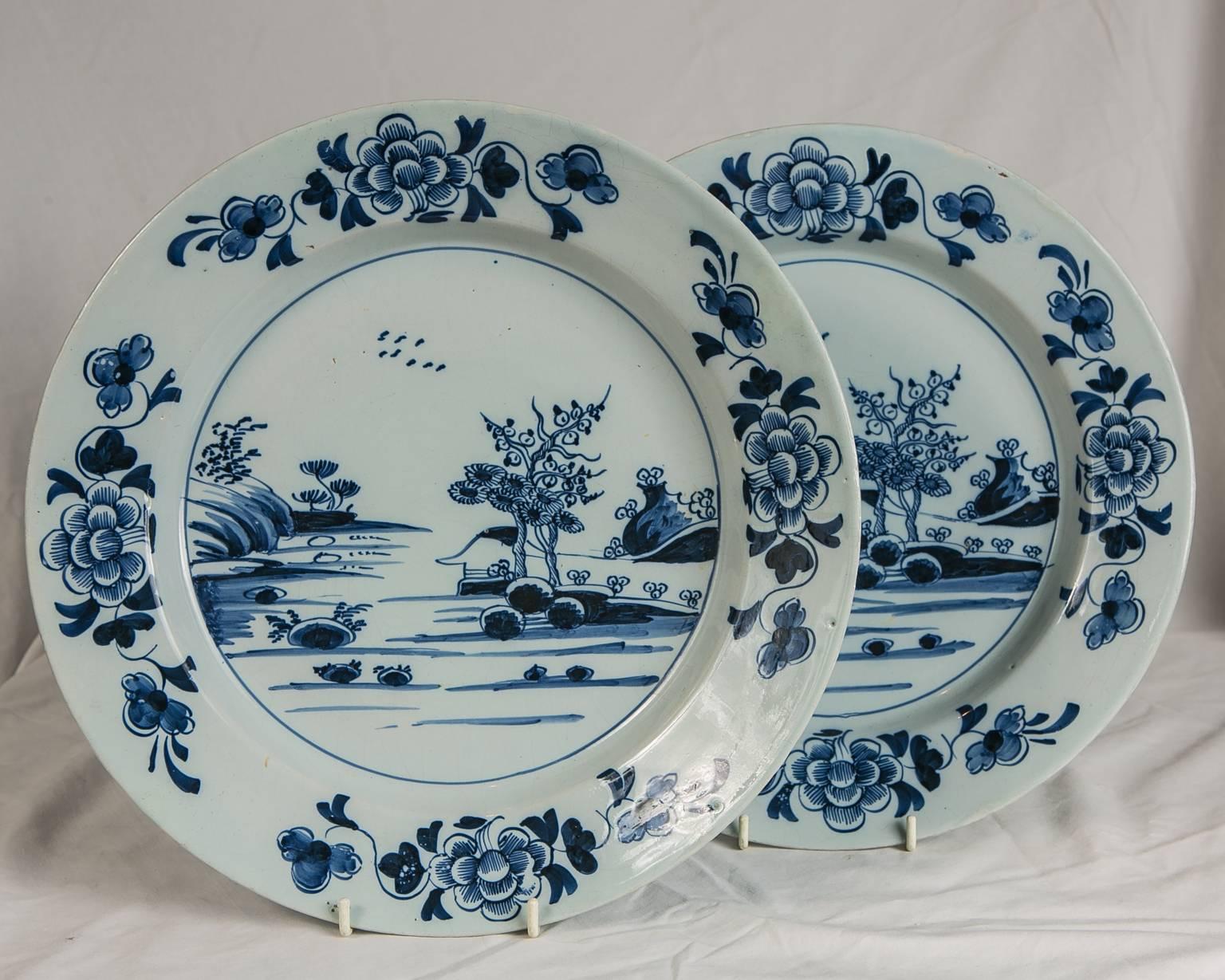 Hand-Painted Pair Delft Blue and White Chargers Made circa 1770