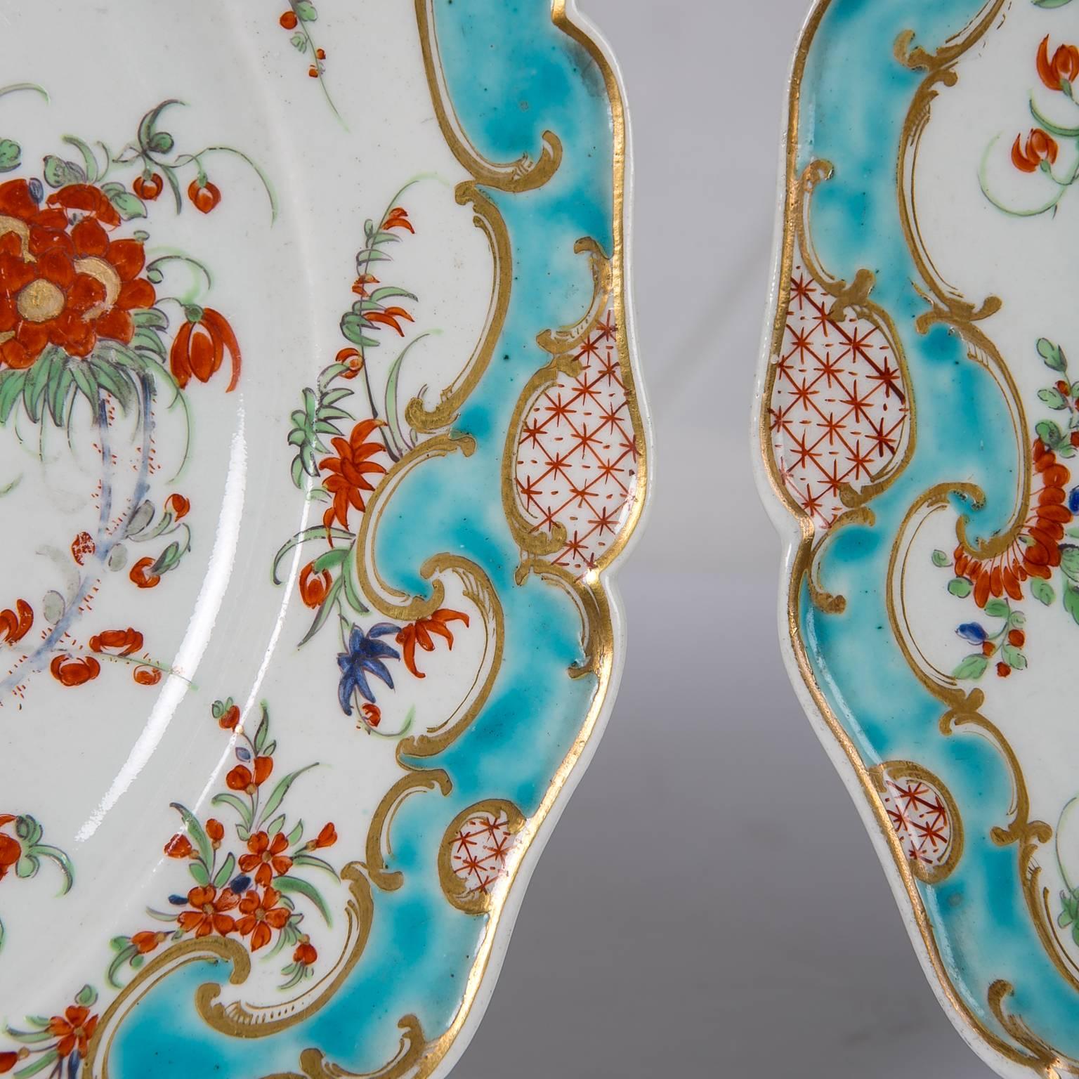 Hand-Painted First Period Worcester Porcelain Dishes a Pair in the Jabberwocky Pattern