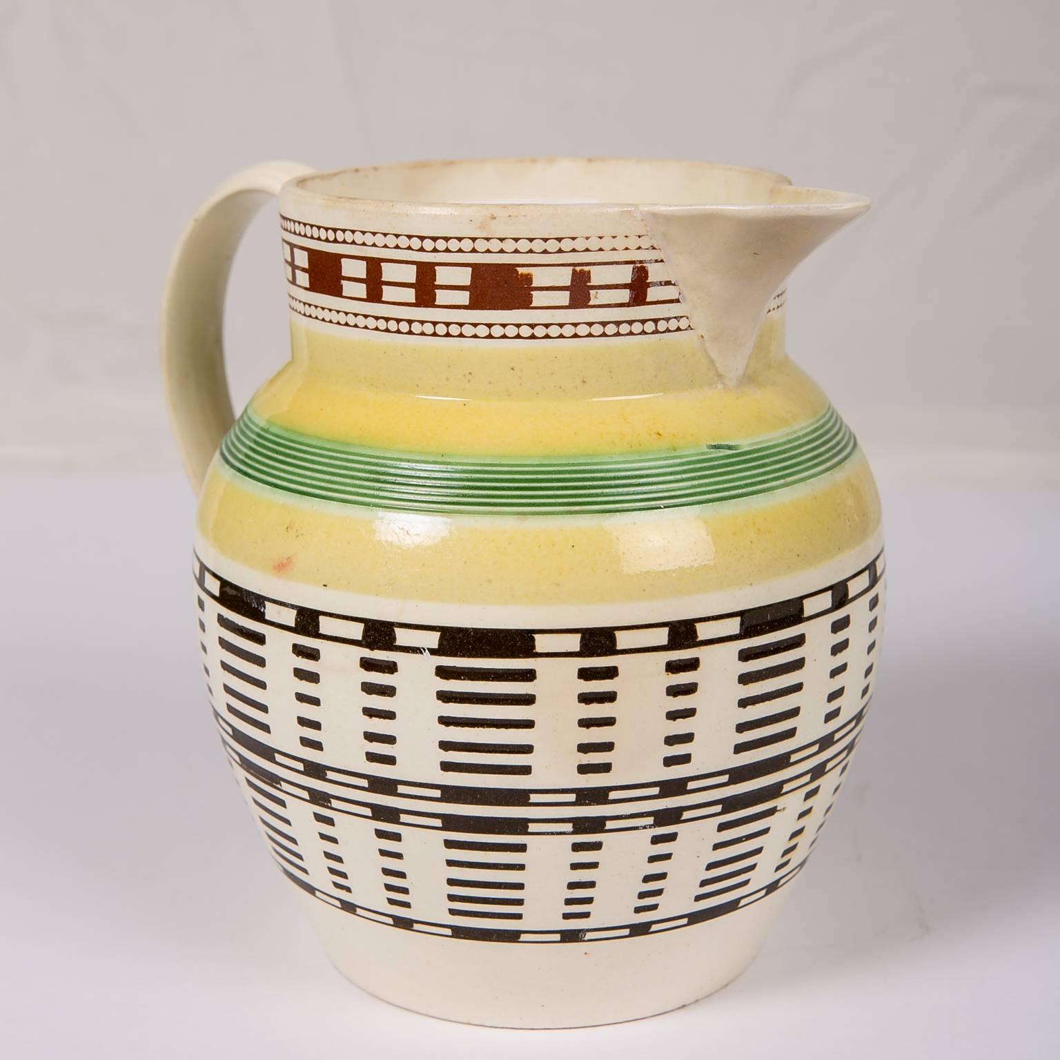 Mocha Ware Jug Yellow Banded Pitcher In Excellent Condition In Katonah, NY