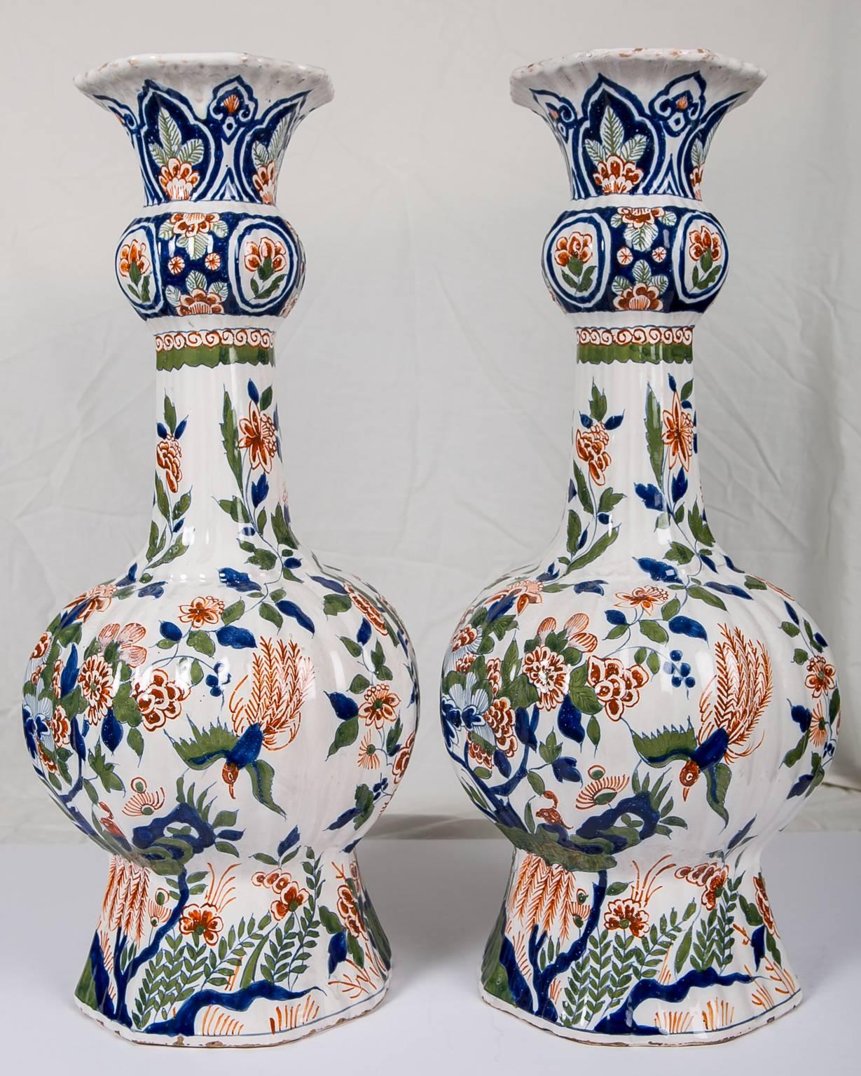 Hand-Painted  Dutch Delft Polychrome Vases A Pair