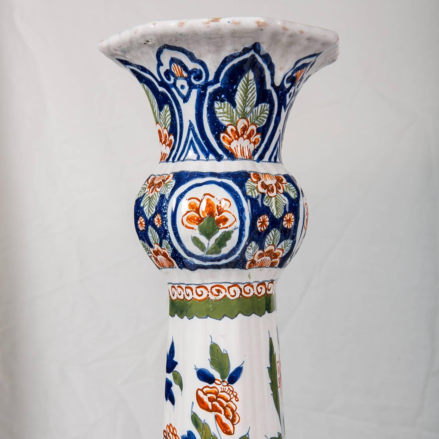 19th Century  Dutch Delft Polychrome Vases A Pair