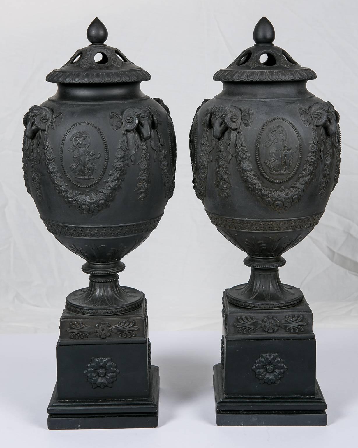 Molded Wedgwood Black Basalt Urns Made in England circa 1820