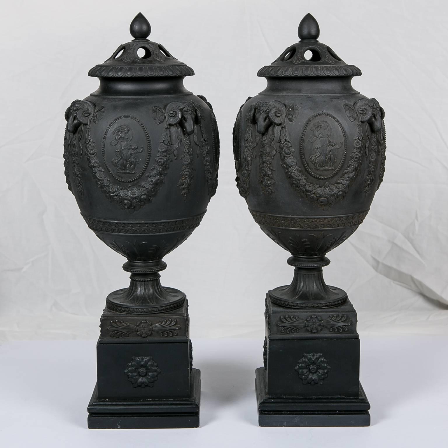 19th Century Wedgwood Black Basalt Urns Made in England circa 1820