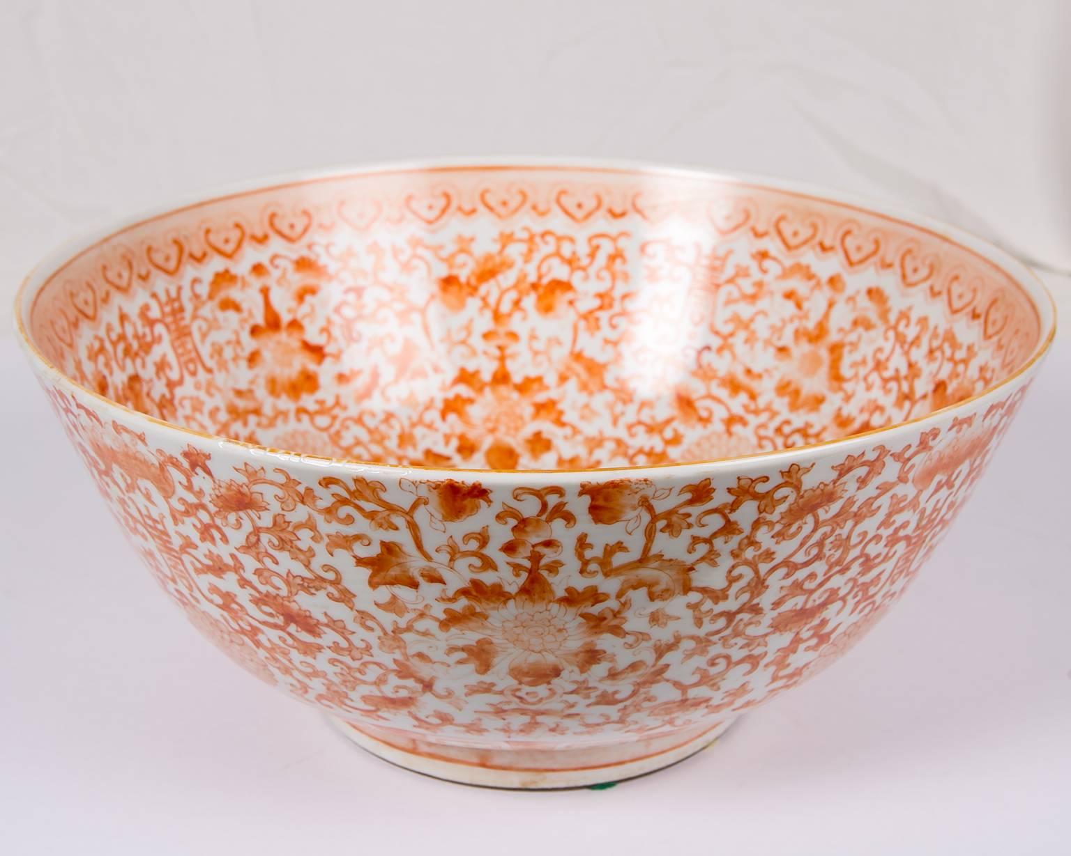 Hand-Painted Orange Chinese Porcelain Punch Bowl