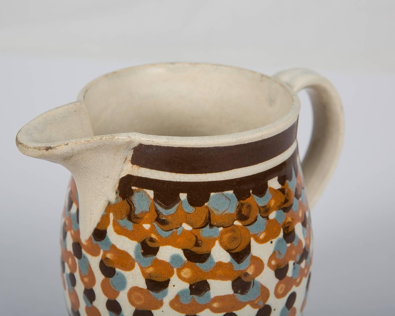 Folk Art Antique Mochaware Pottery Jug Decorated with Slip