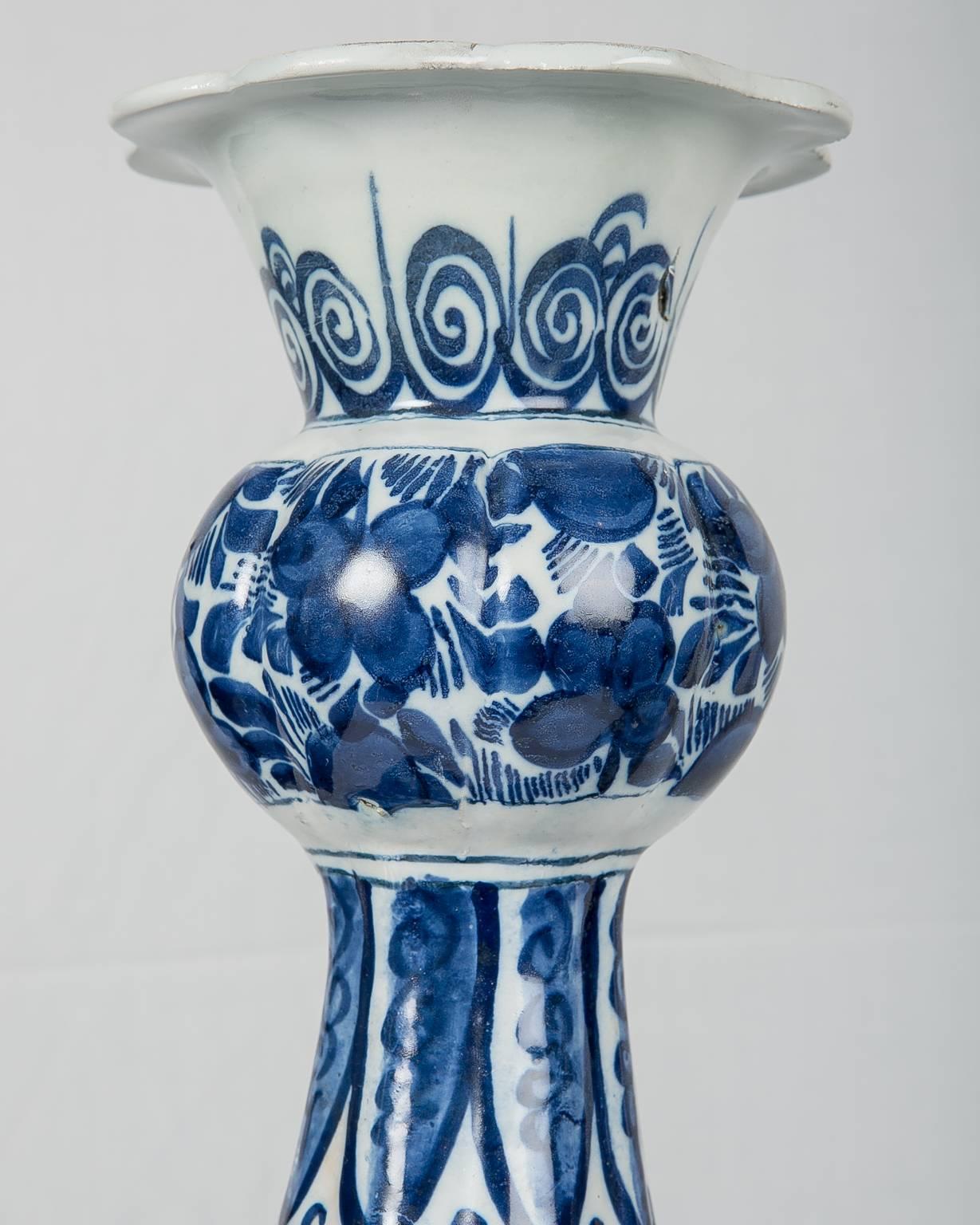 Hand-Painted Pair Delft Blue and White Vases 18th Century
