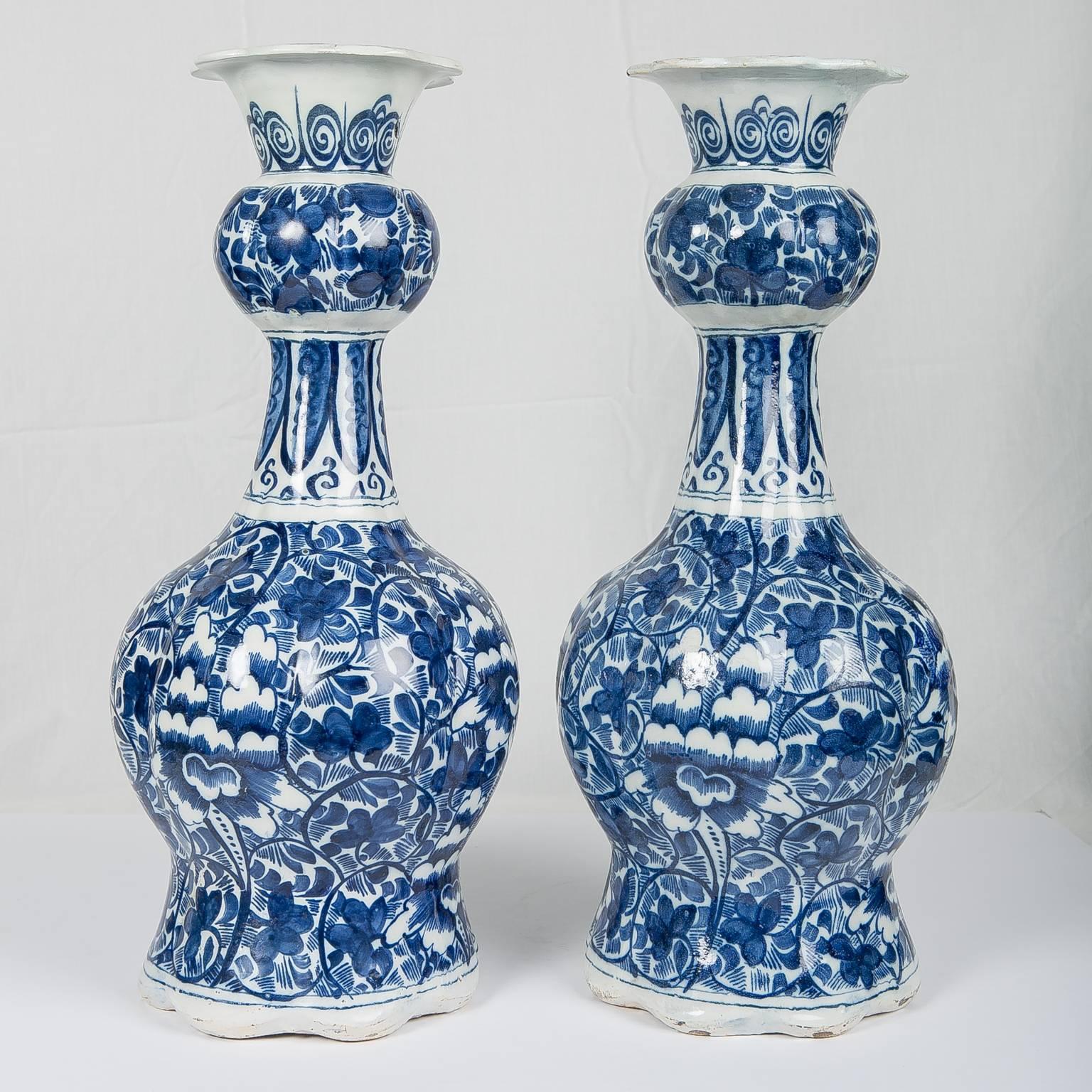 Rococo Pair Delft Blue and White Vases 18th Century