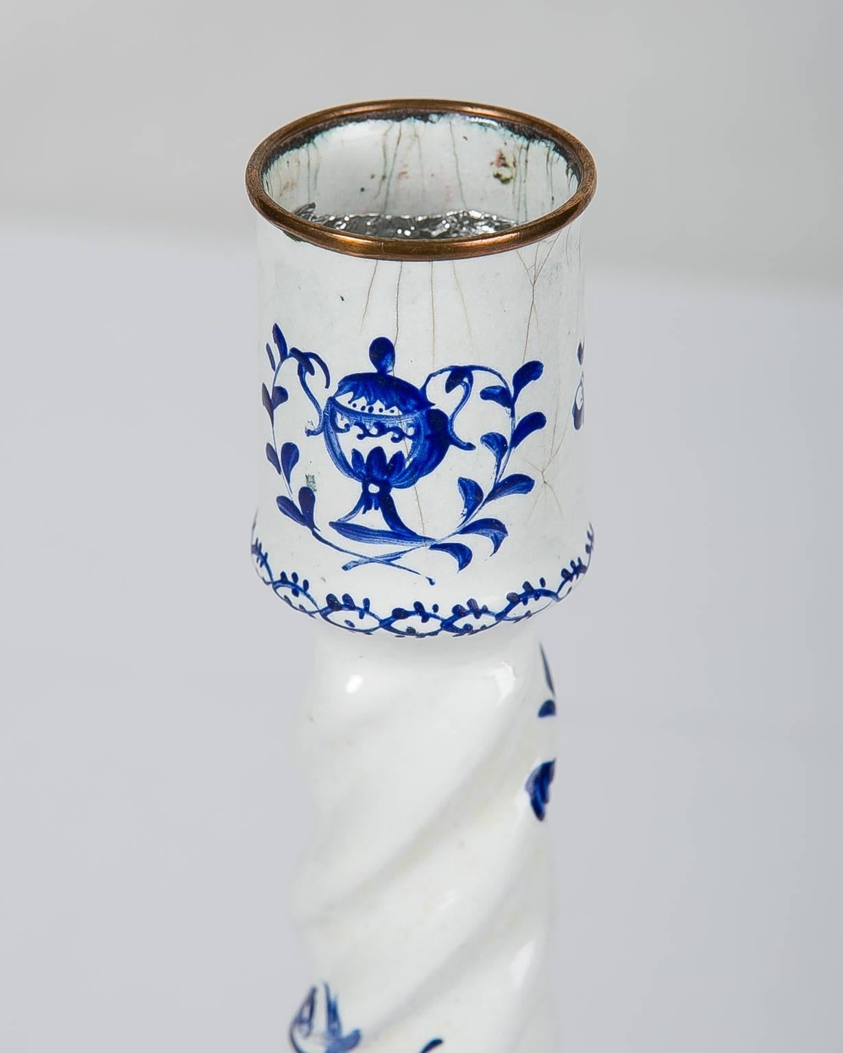 Blue and White Candlesticks 18th Century English Battersea Enamel circa 1753-175 3