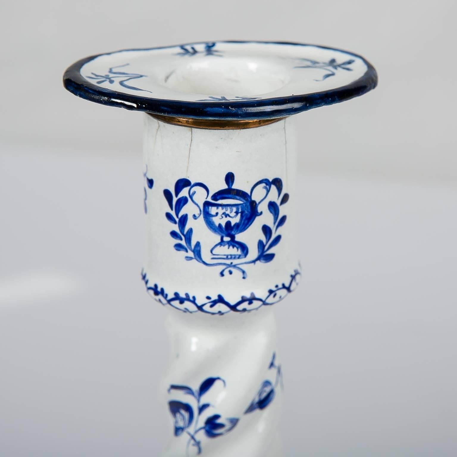 Neoclassical Blue and White Candlesticks 18th Century English Battersea Enamel circa 1753-175