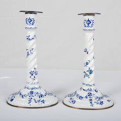 Blue and White Candlesticks 18th Century English Battersea Enamel circa 1753-175