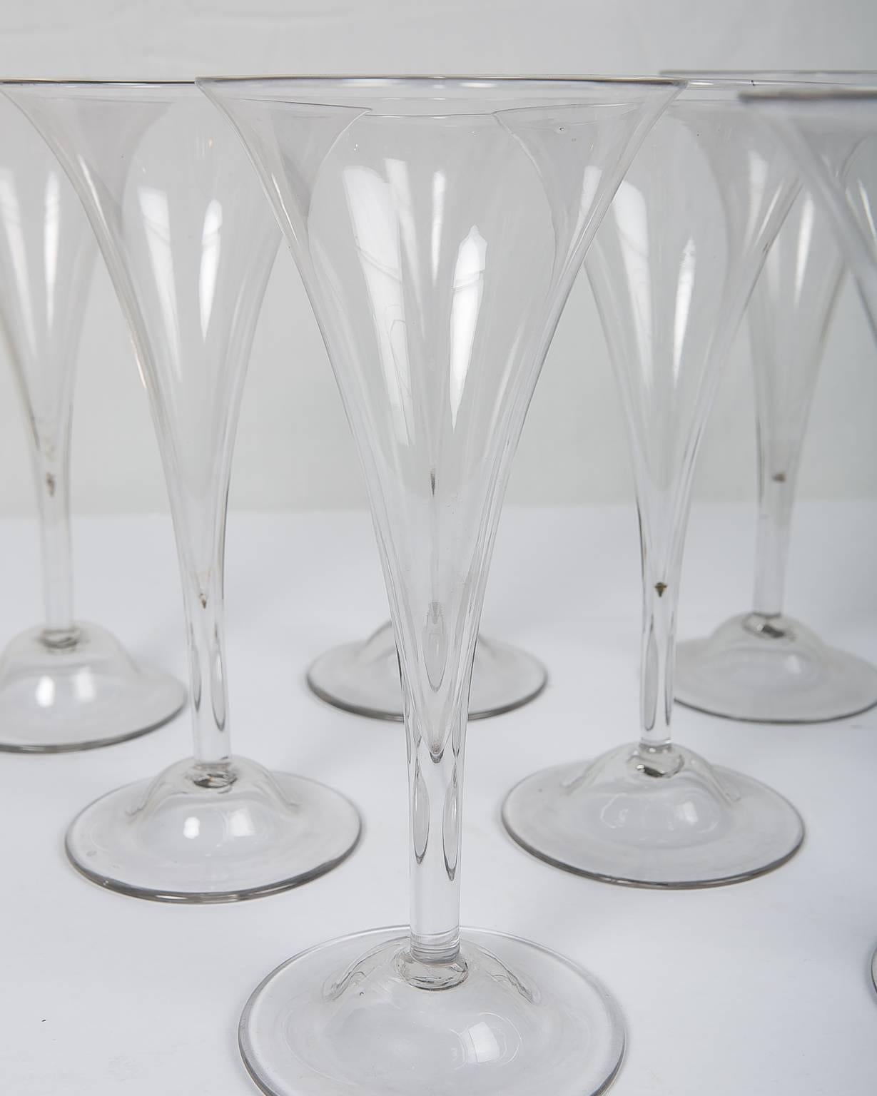 Hand-Crafted Ten Large Antique Champagne Flutes Hand-Blown Glass England 18th Century c-1760 For Sale