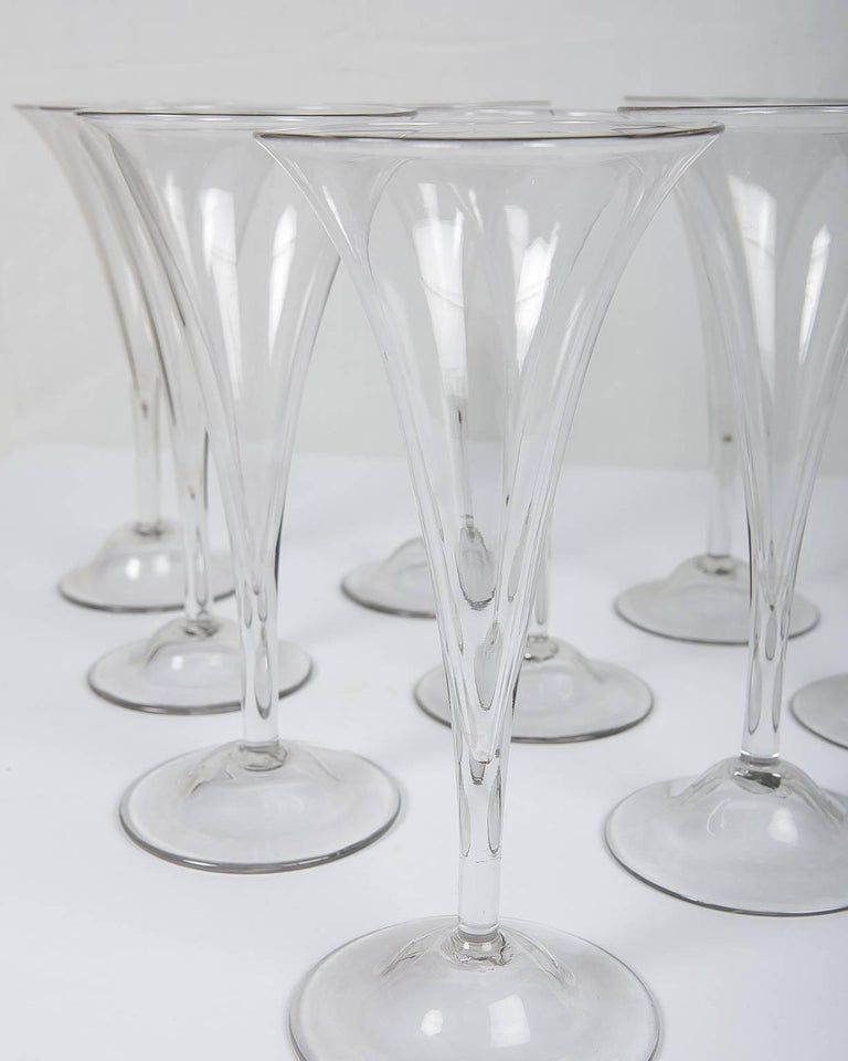 Neoclassical Ten Large Champagne Flutes Hand-Blown Glass England 18th Century c-1760 For Sale