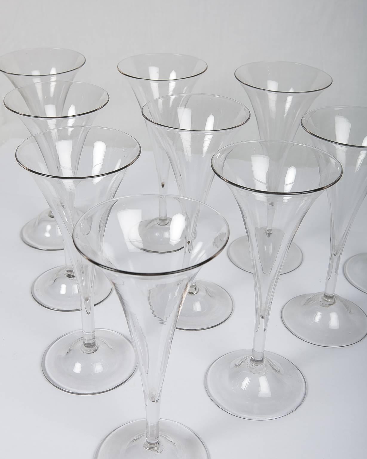 English Ten Large Antique Champagne Flutes Hand-Blown Glass England 18th Century c-1760 For Sale