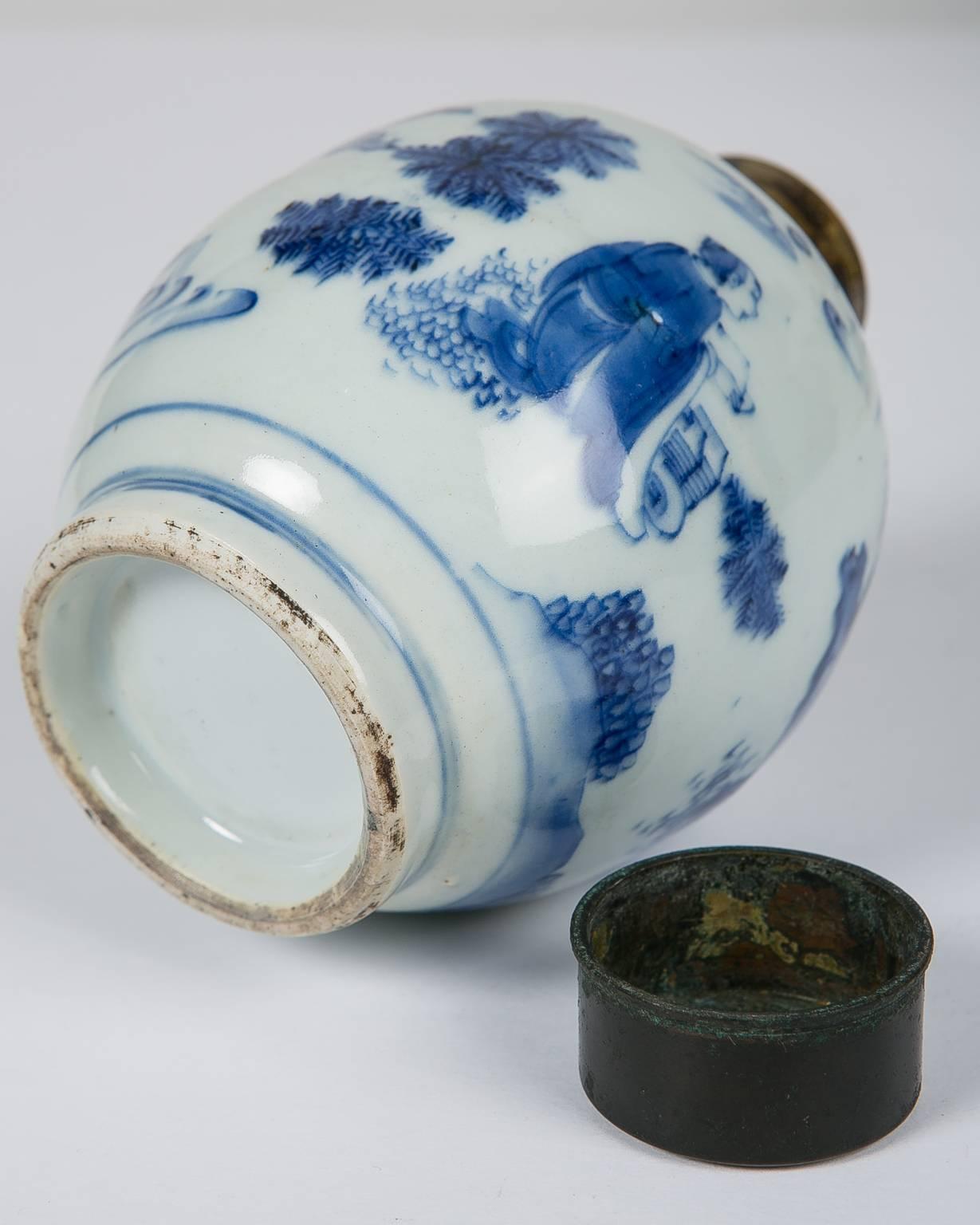 Chinese Kangxi Blue and White Tea Canister with Brass Fittings 