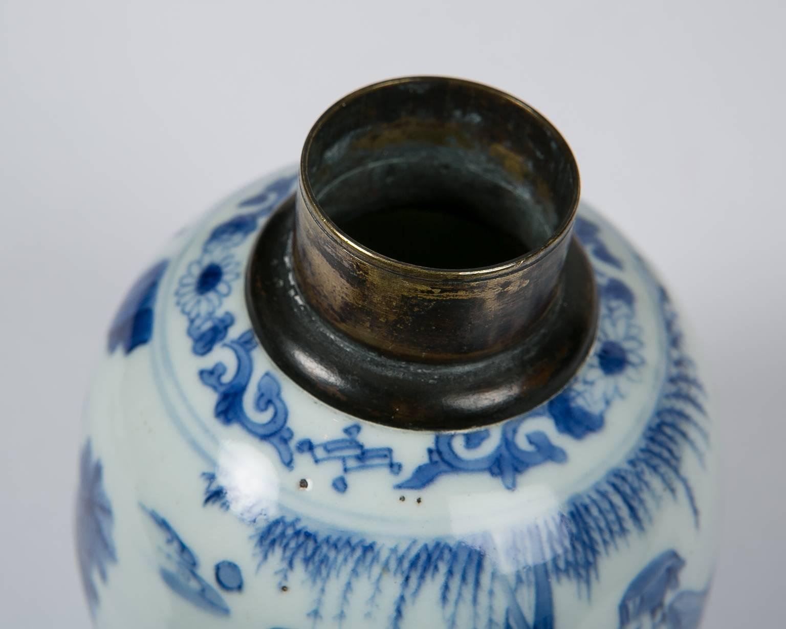 Hand-Painted Kangxi Blue and White Tea Canister with Brass Fittings