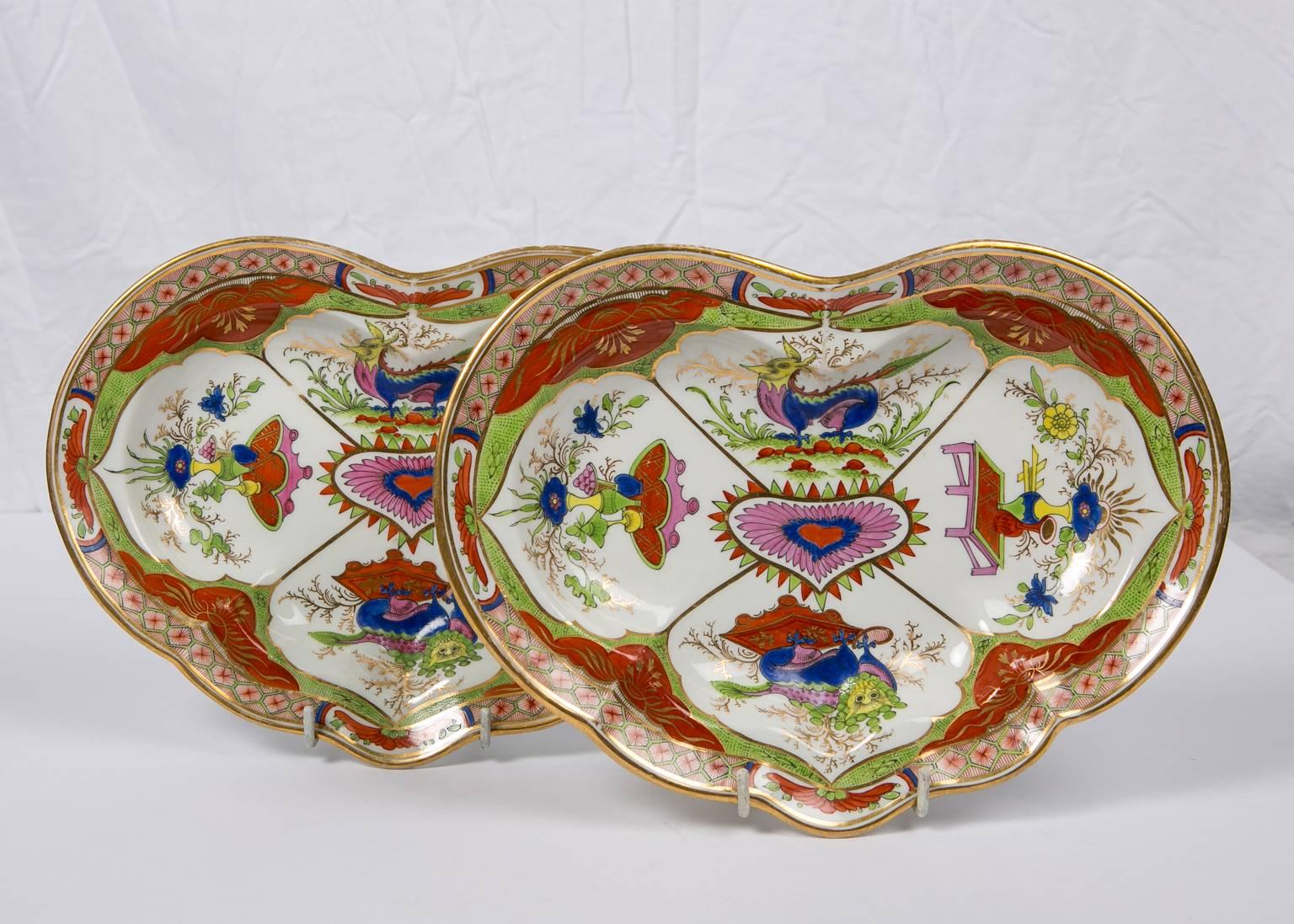 Regency Worcester Porcelain Dragon in Compartments Heart Shaped Dishes, Pair