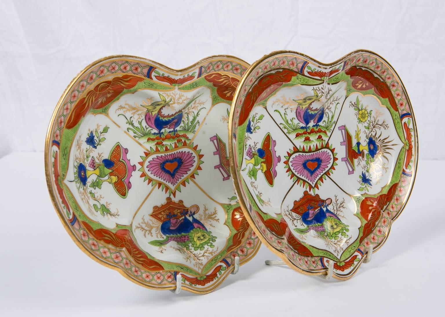 English Worcester Porcelain Dragon in Compartments Heart Shaped Dishes, Pair