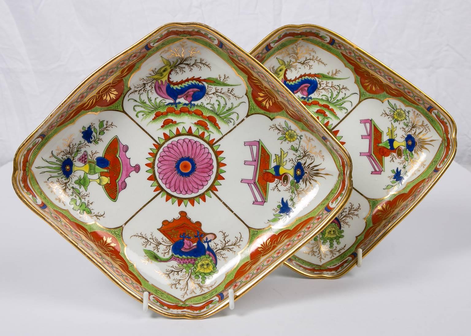 Bengal tiger lozenge shaped dishes a pair made by Chamberlains Worcester. The pattern is an exotic English interpretation of Chinese export porcelains from the Kangxi period. The design features four lappet-shaped panels which alternate between