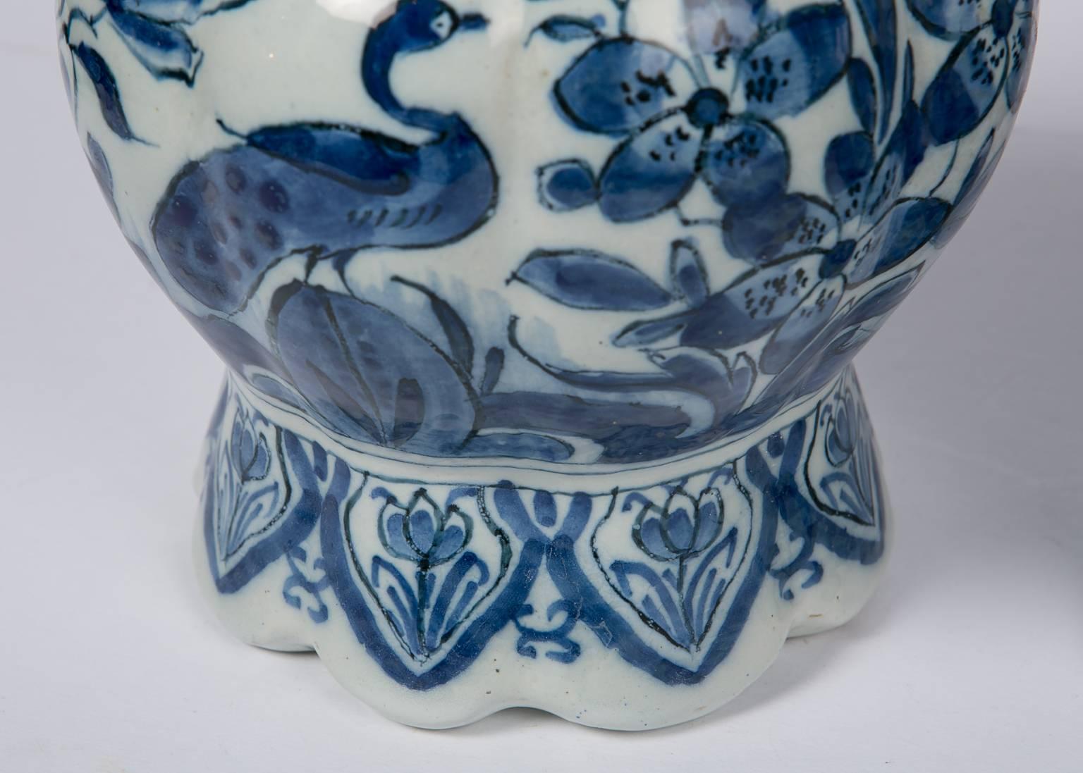 Late 18th Century Pair Blue and White Dutch Delft Vases Showing Peacocks
