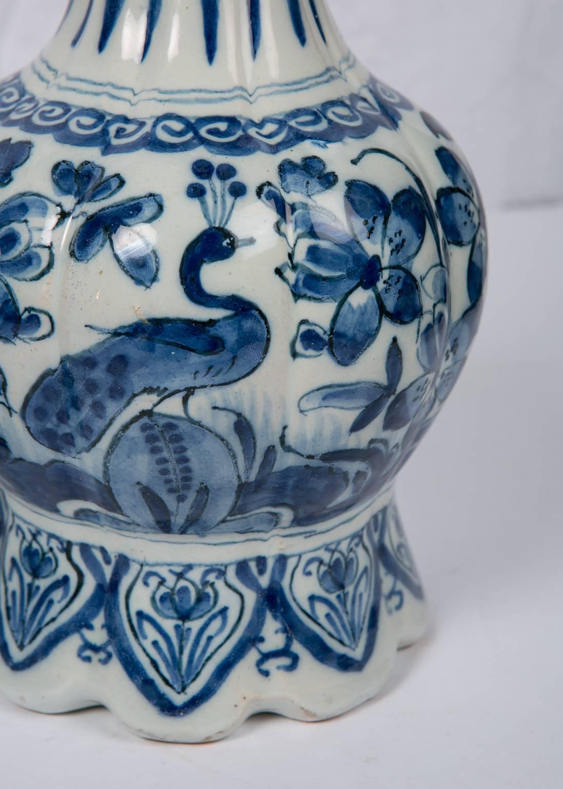 Pair Blue and White Dutch Delft Vases Showing Peacocks In Excellent Condition In Katonah, NY