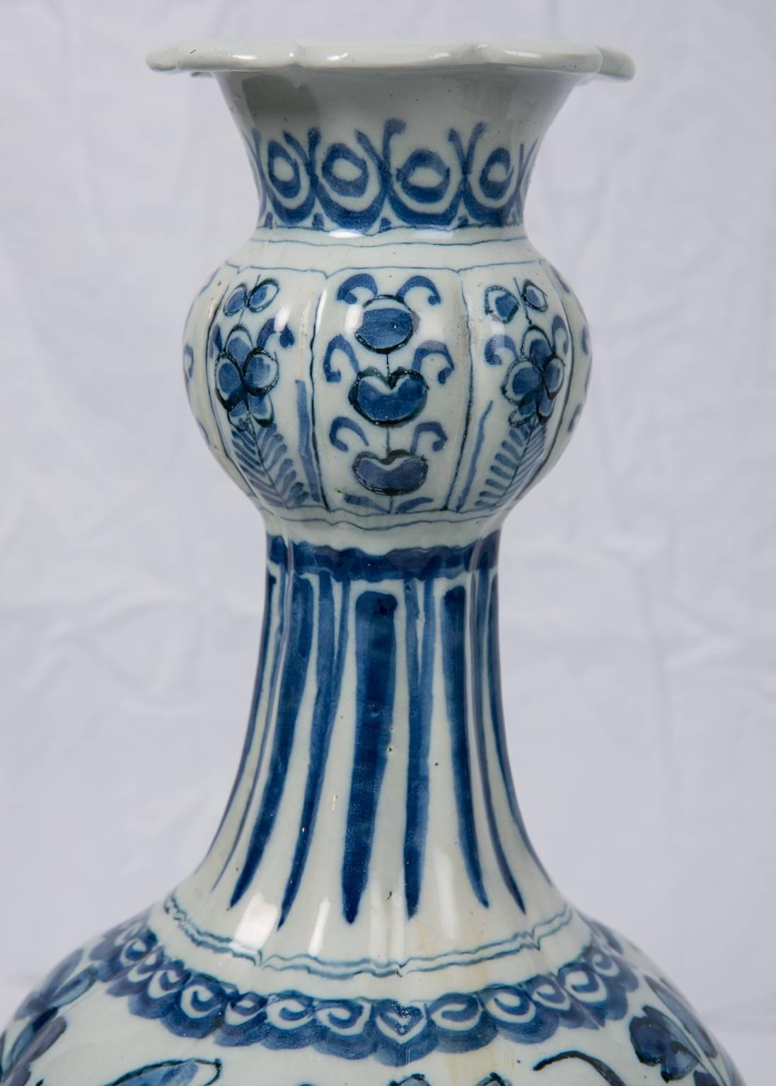 Pair Blue and White Dutch Delft Vases Showing Peacocks 2