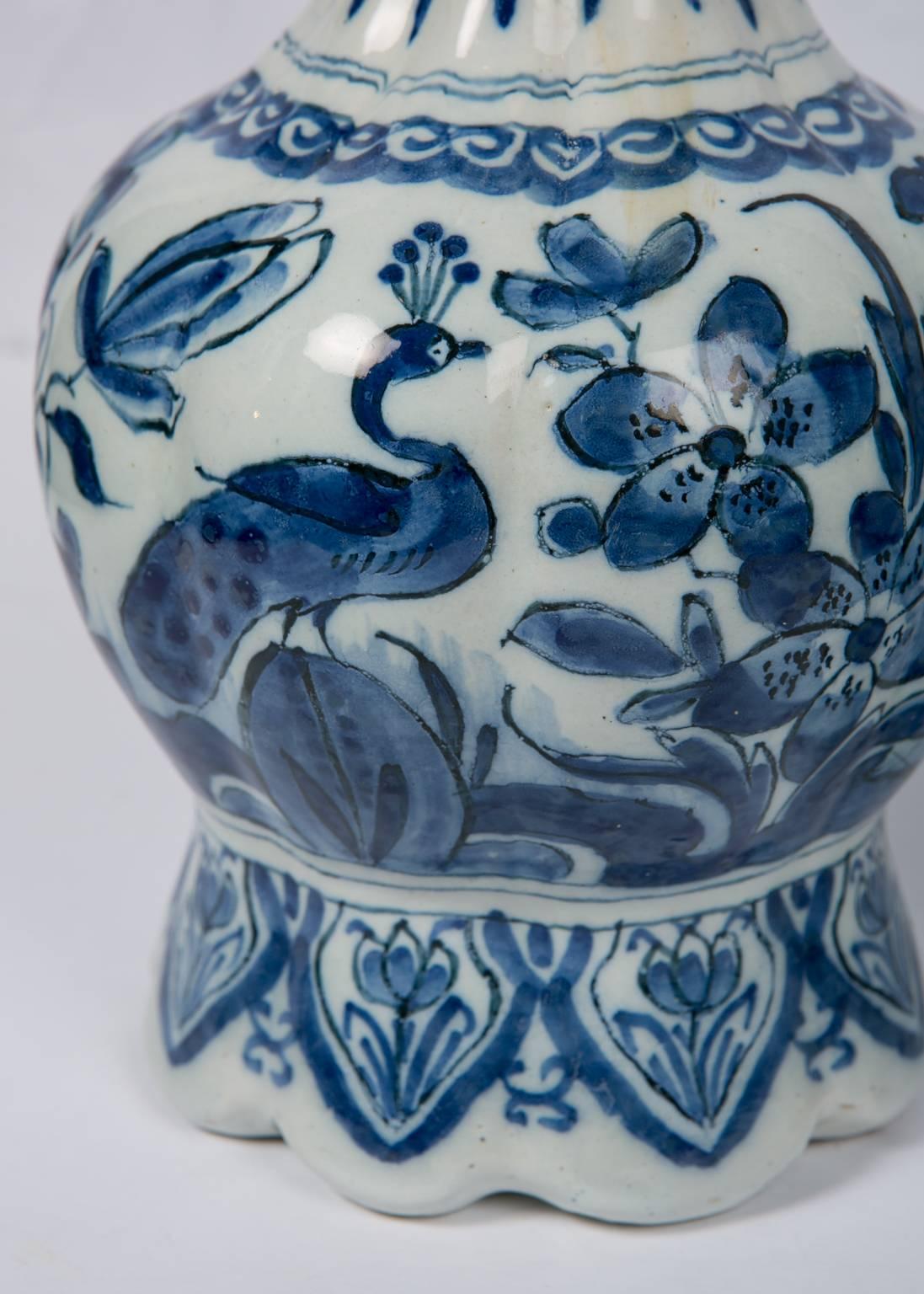 Hand-Painted Pair Blue and White Dutch Delft Vases Showing Peacocks