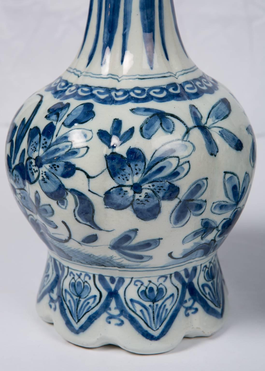 Chinoiserie Pair Blue and White Dutch Delft Vases Showing Peacocks