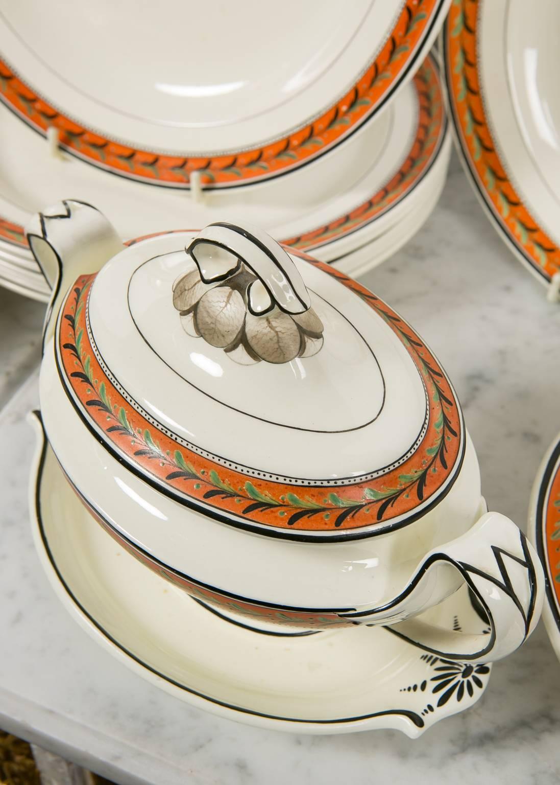 Antique Creamware Set of Dishes with Orange Borders In Excellent Condition In Katonah, NY
