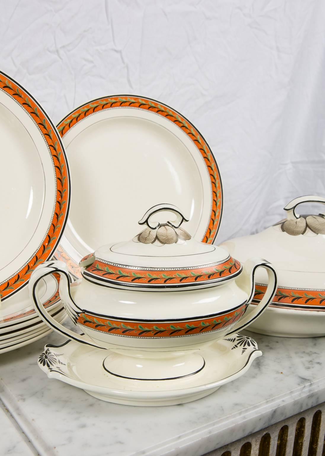 Hand-Painted Antique Creamware Set of Dishes with Orange Borders