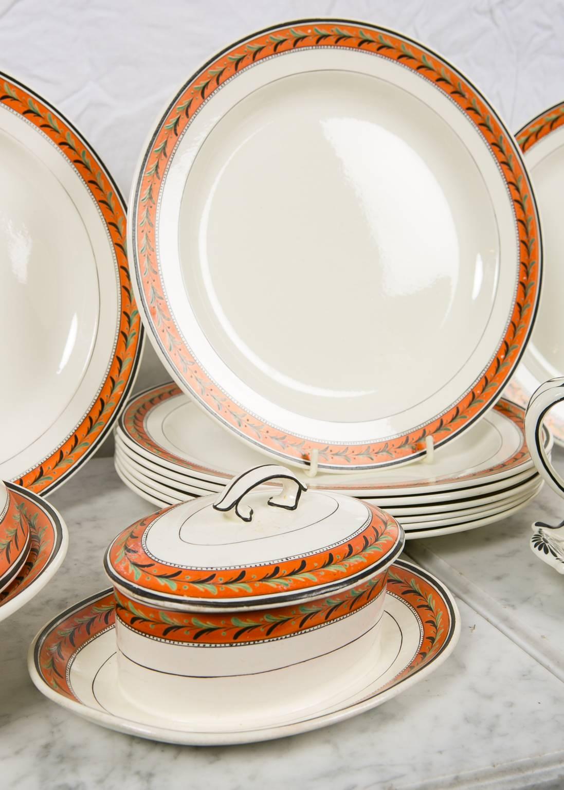 Neoclassical Antique Creamware Set of Dishes with Orange Borders