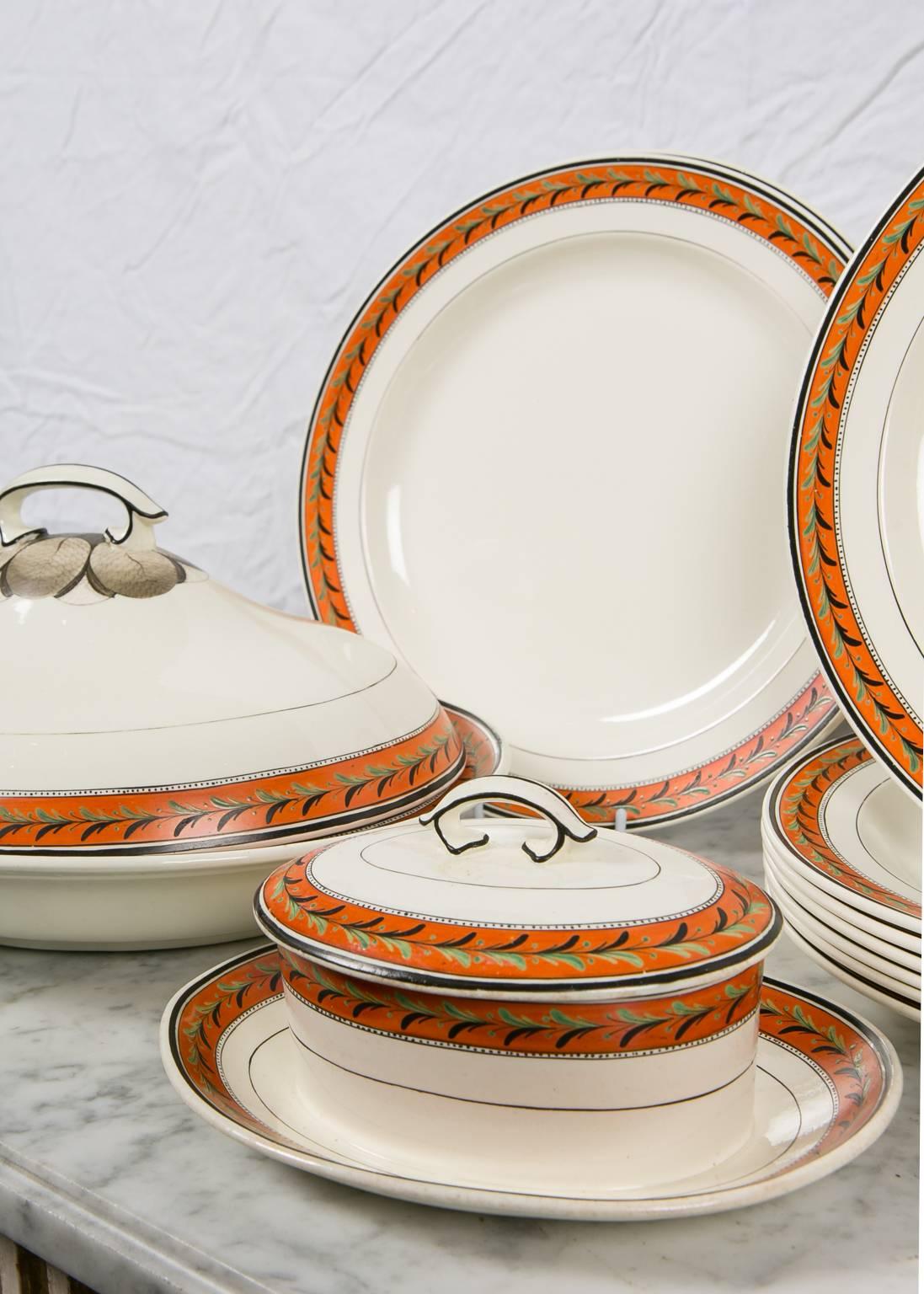 English Antique Creamware Set of Dishes with Orange Borders