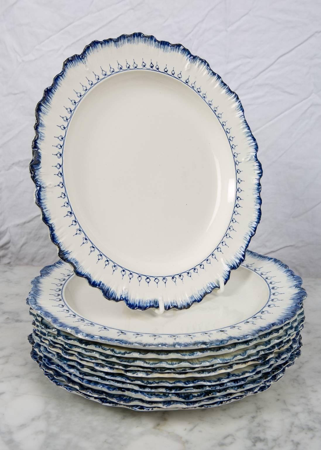 Set of 10 Wedgwood blue and white antique dishes in the highly desirable Mared pattern. These dishes were made in the 18th century, circa 1785. The Mared pattern is painted in under-glaze blue pearlware. The border features a design showing a