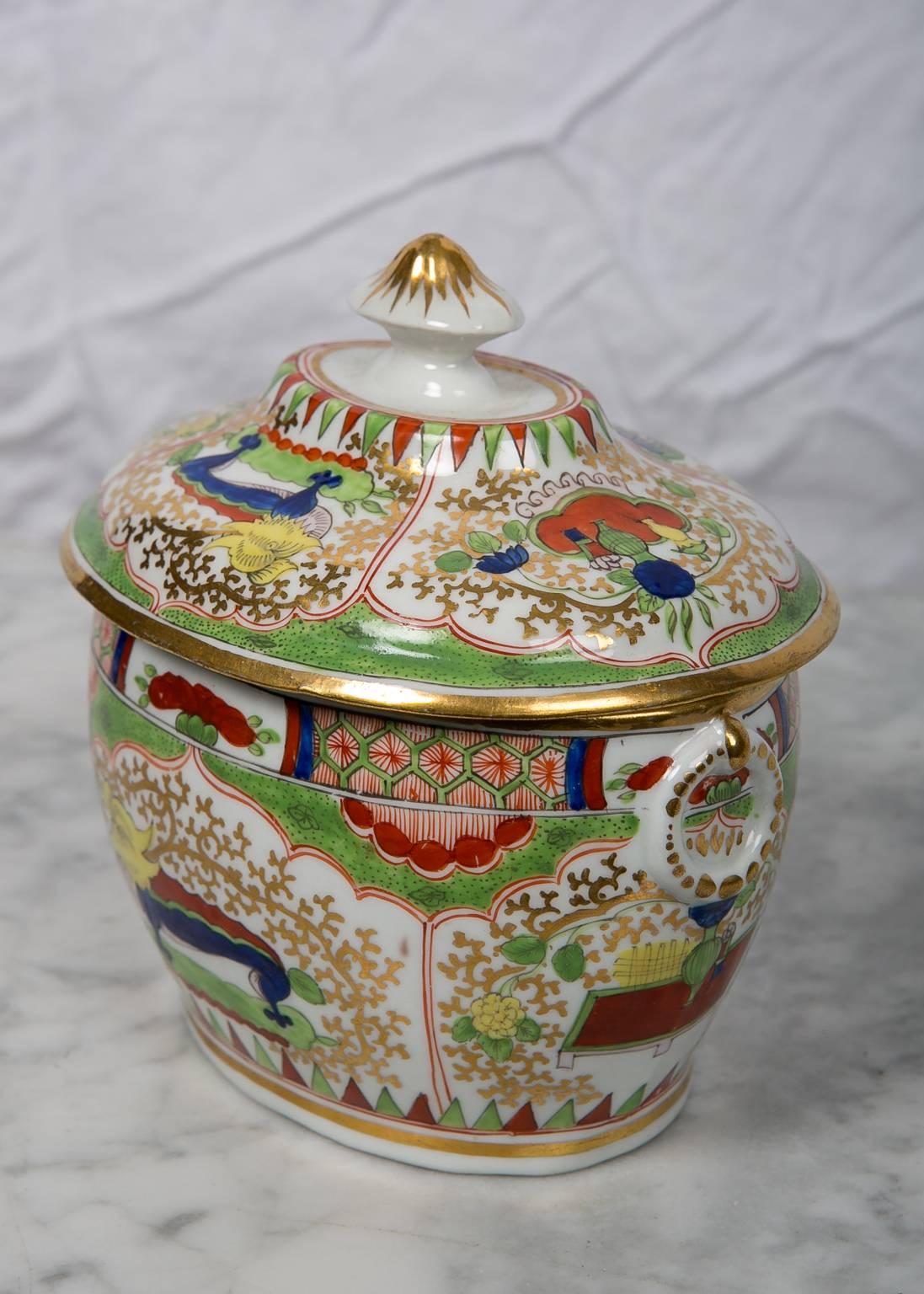 Hand-Painted Antique Sugar Box Made by Chamberlains Worcester Bengal Tiger Pattern