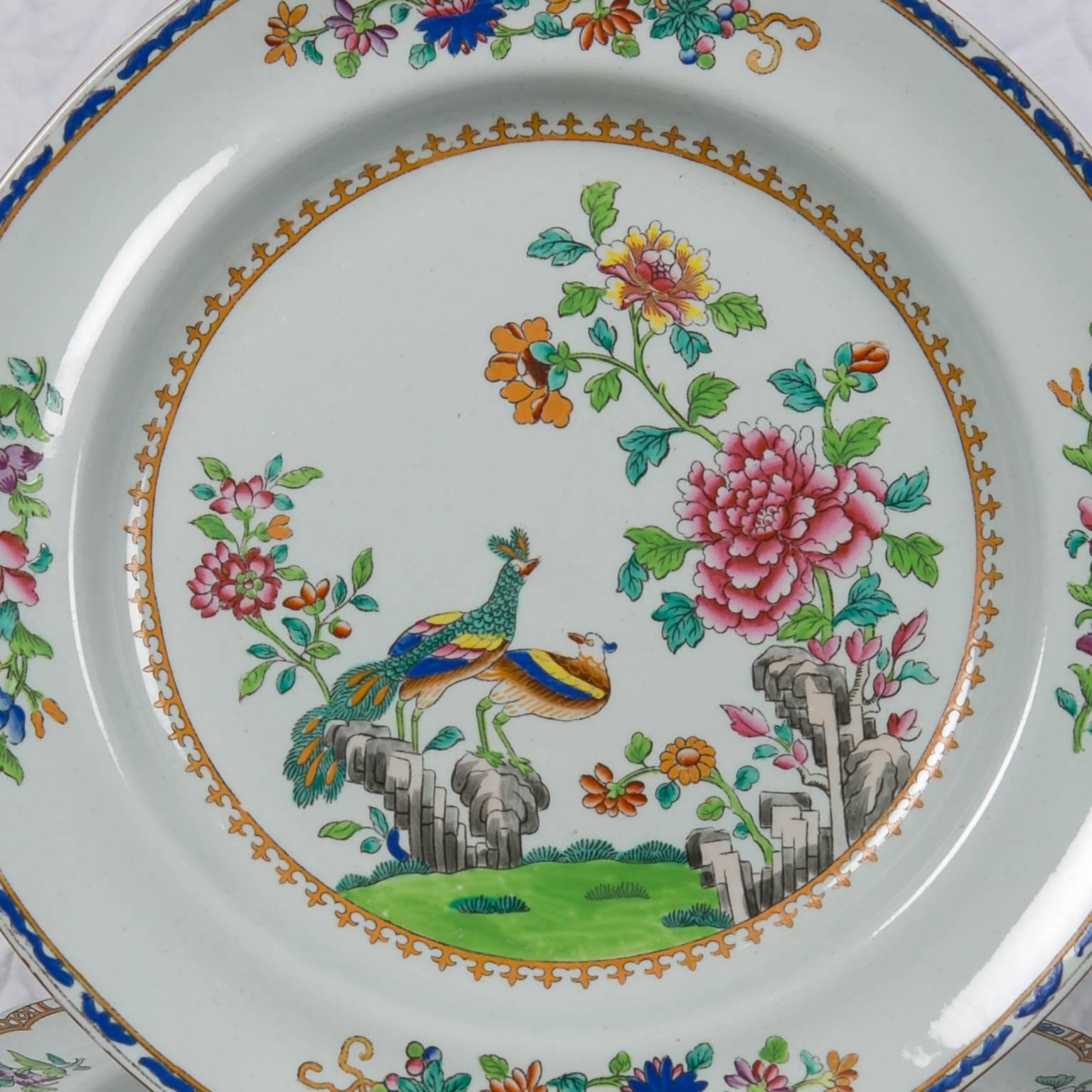 A set of Spode peacock* pattern ironstone dishes made in England, circa 1820.
The pattern shows a chinoiserie scene with a peacock and a pheasant standing on rocky outcroppings. They are set in a flowing garden with one typical oversized pink peony.