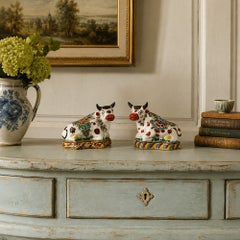 Pair Dutch Delft Petit Feu Polychrome Cows Hand Painted Circa 1770