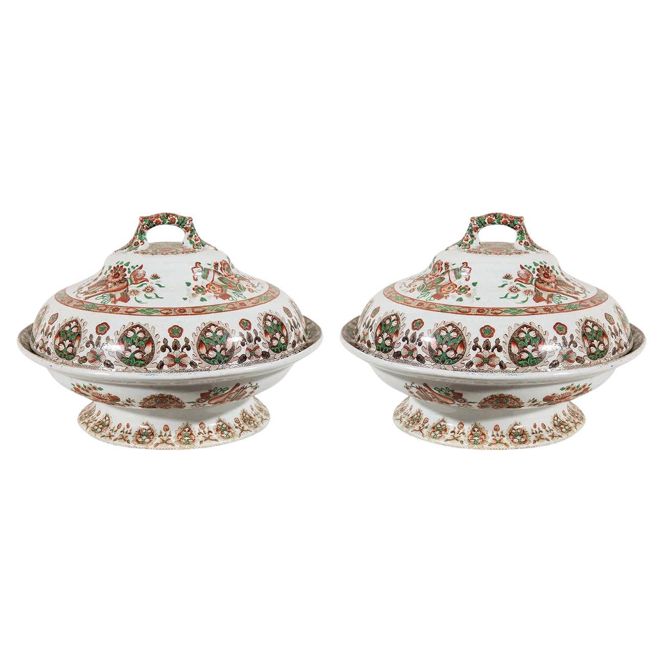 Pair Porcelain Tureens Antique English Made circa 1840 For Sale