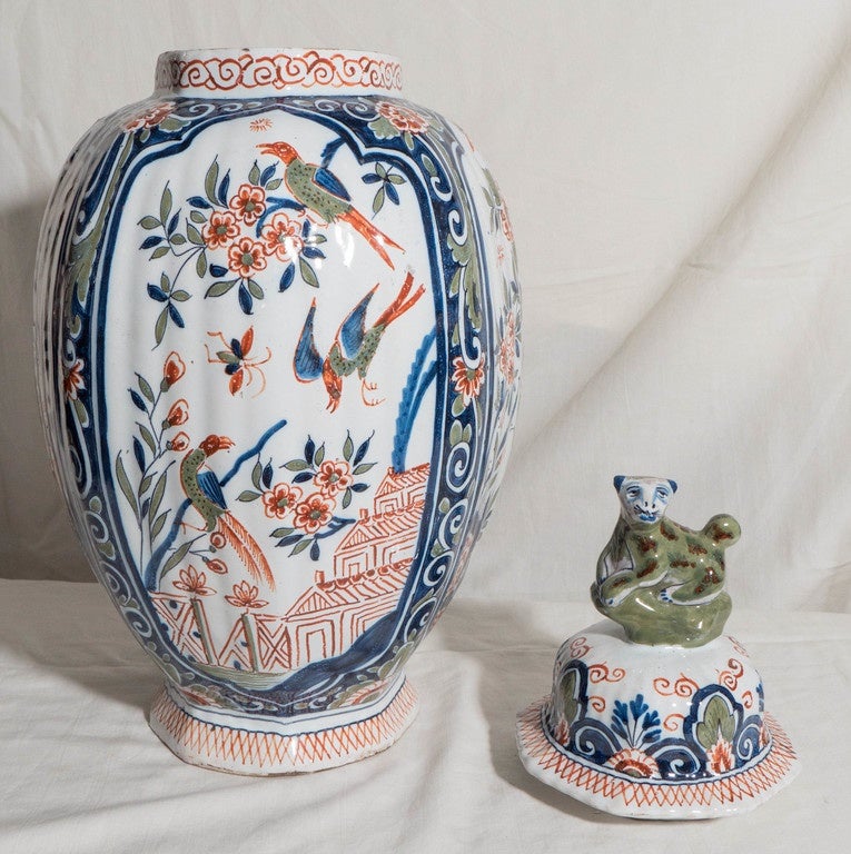 Polychromed Pair of Dutch Delft Polychrome Vases