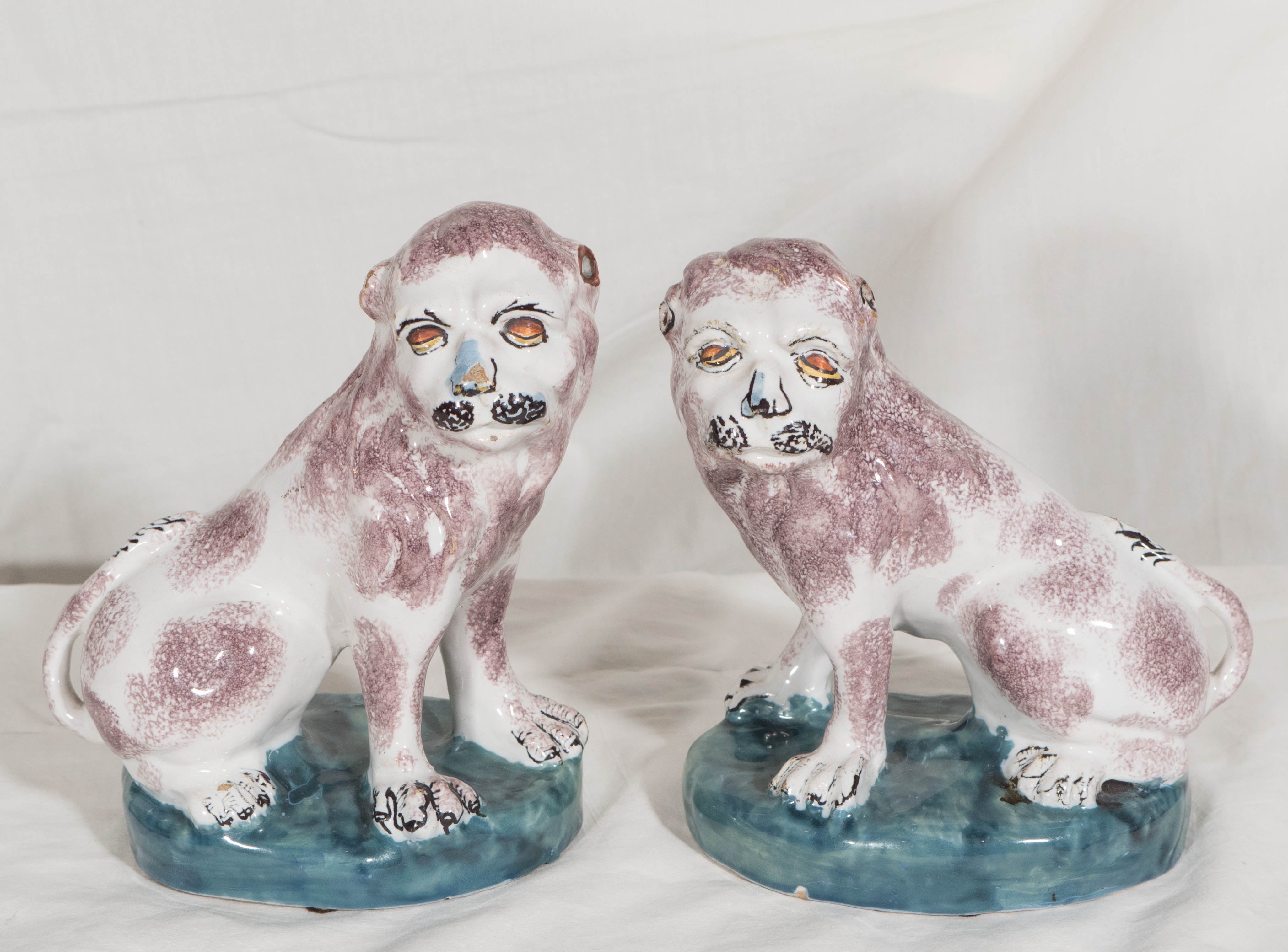 Antique Pair of 18th Century Brussels Faience Lions