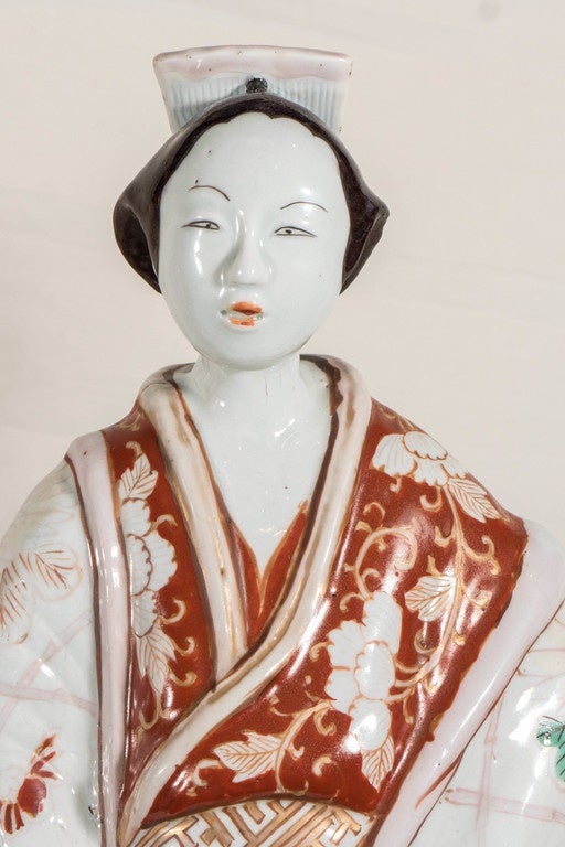 Hand-Painted Pair Antique Japanese Porcelain Figures of Kabuki Actors