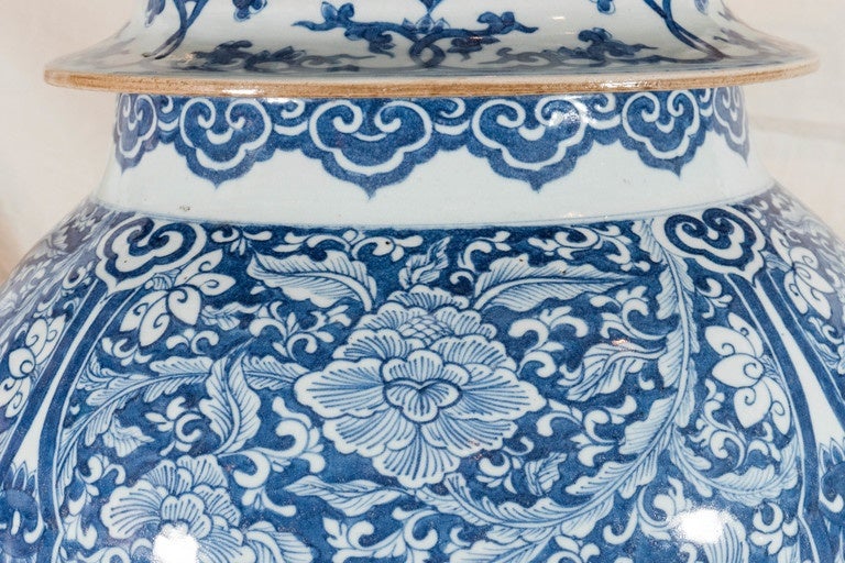 Massive Pair of Qing Dynasty Chinese Blue and White Covered Vases In Excellent Condition In Katonah, NY