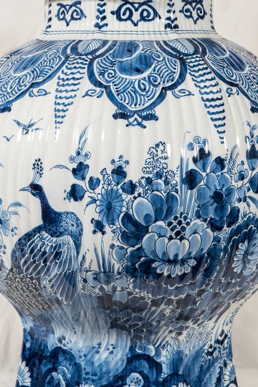 A Pair of Large Dutch Delft Blue and White Covered Vases