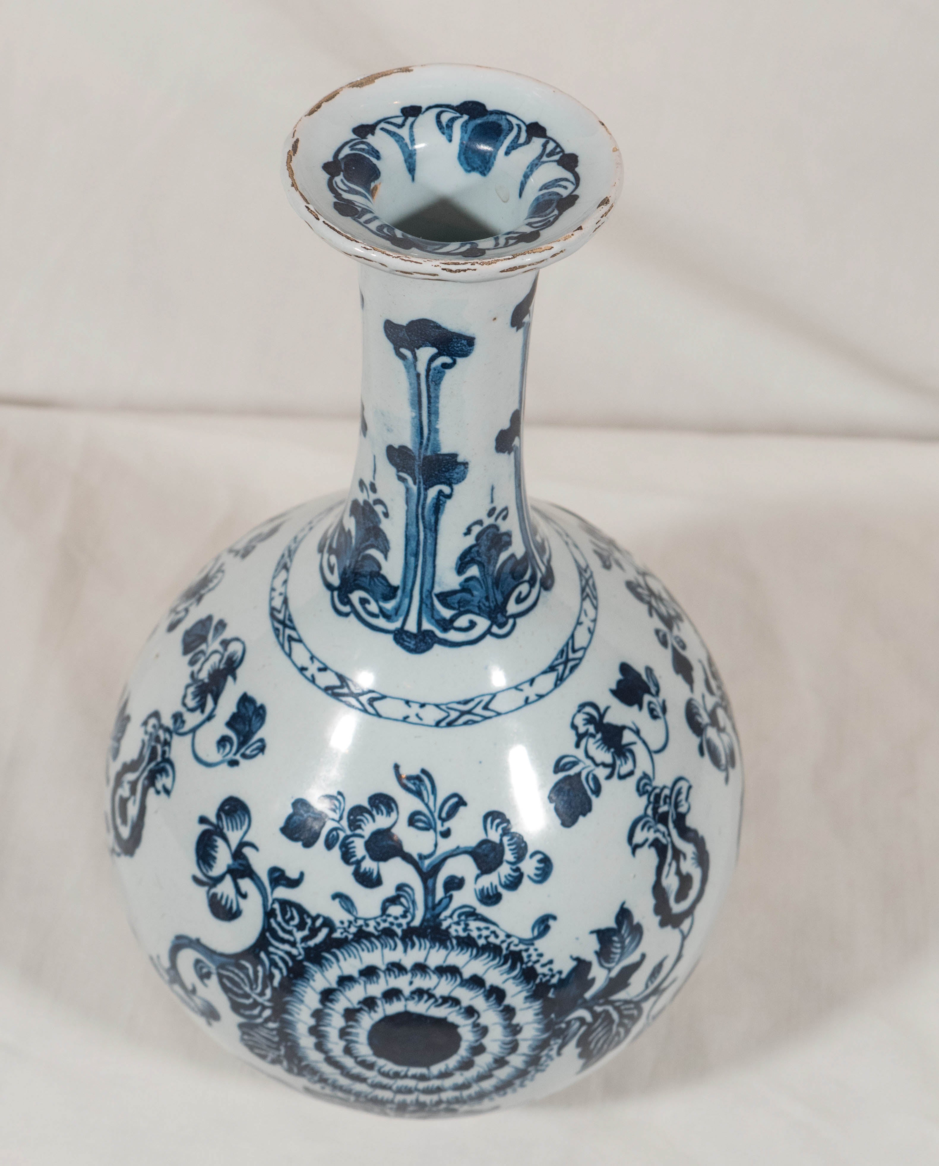 Hand-Painted Antique Delft Blue and White Bottle Vase circa 1760