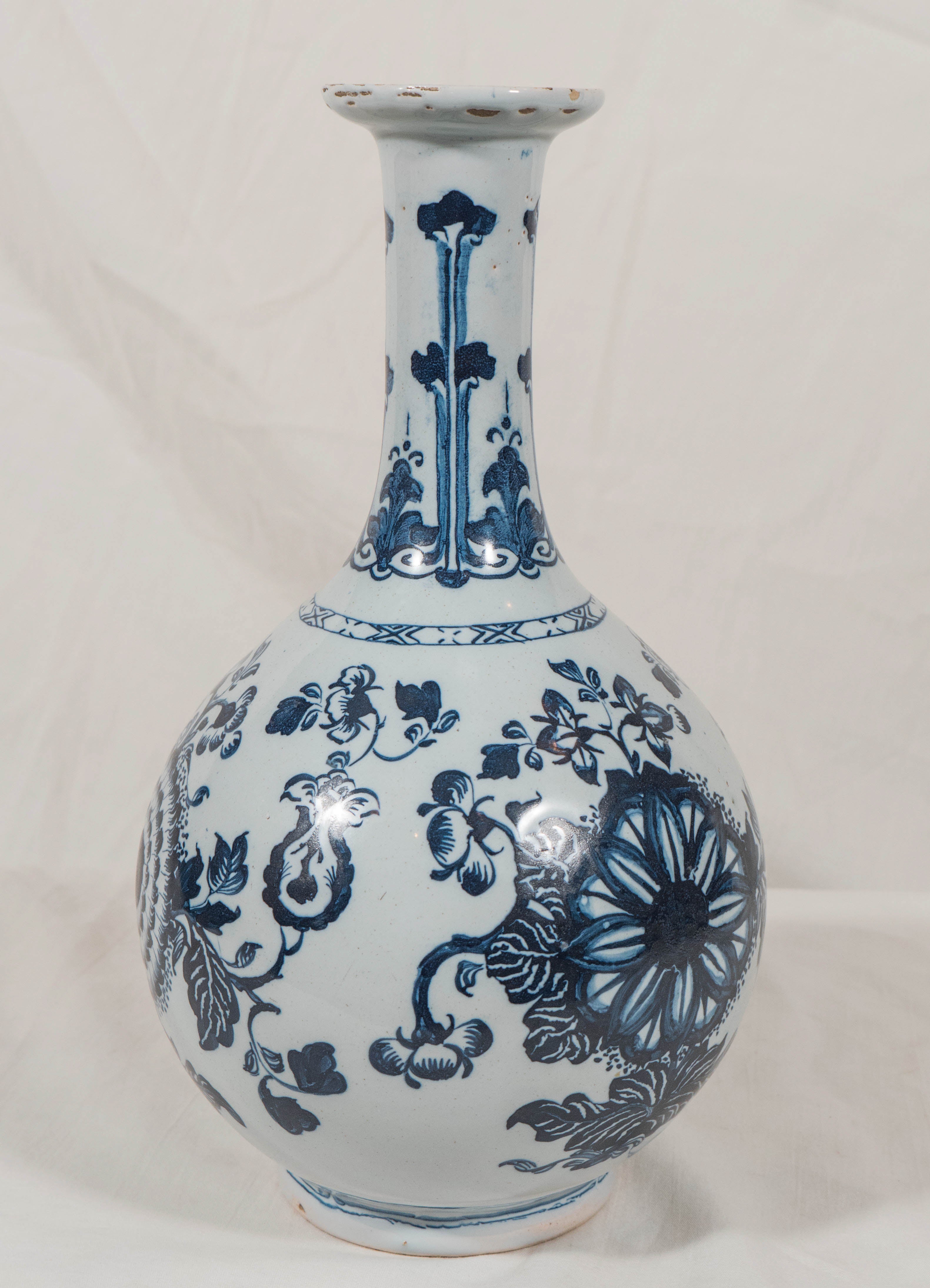 English Antique Delft Blue and White Bottle Vase circa 1760