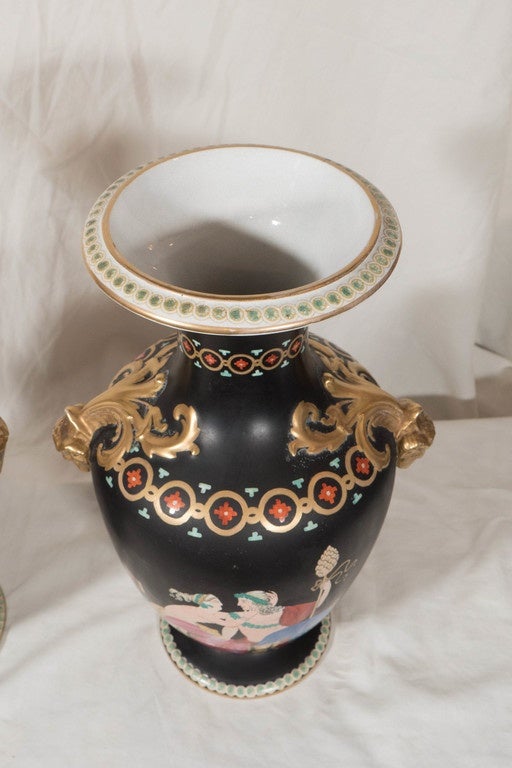 Painted Pair Black Vases Neoclassical Figures Made in England circa 1880