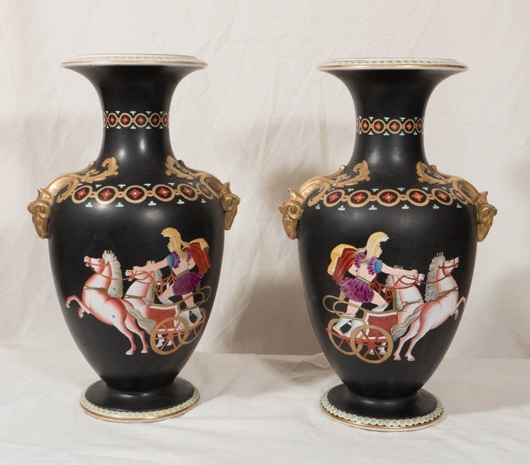 English Pair Black Vases Neoclassical Figures Made in England circa 1880