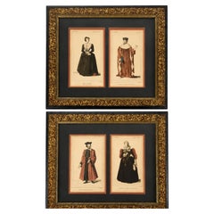 Paire de gravures anciennes représentant des costumes de la noblesse française, colorées à la main et encadrées, XVIe siècle