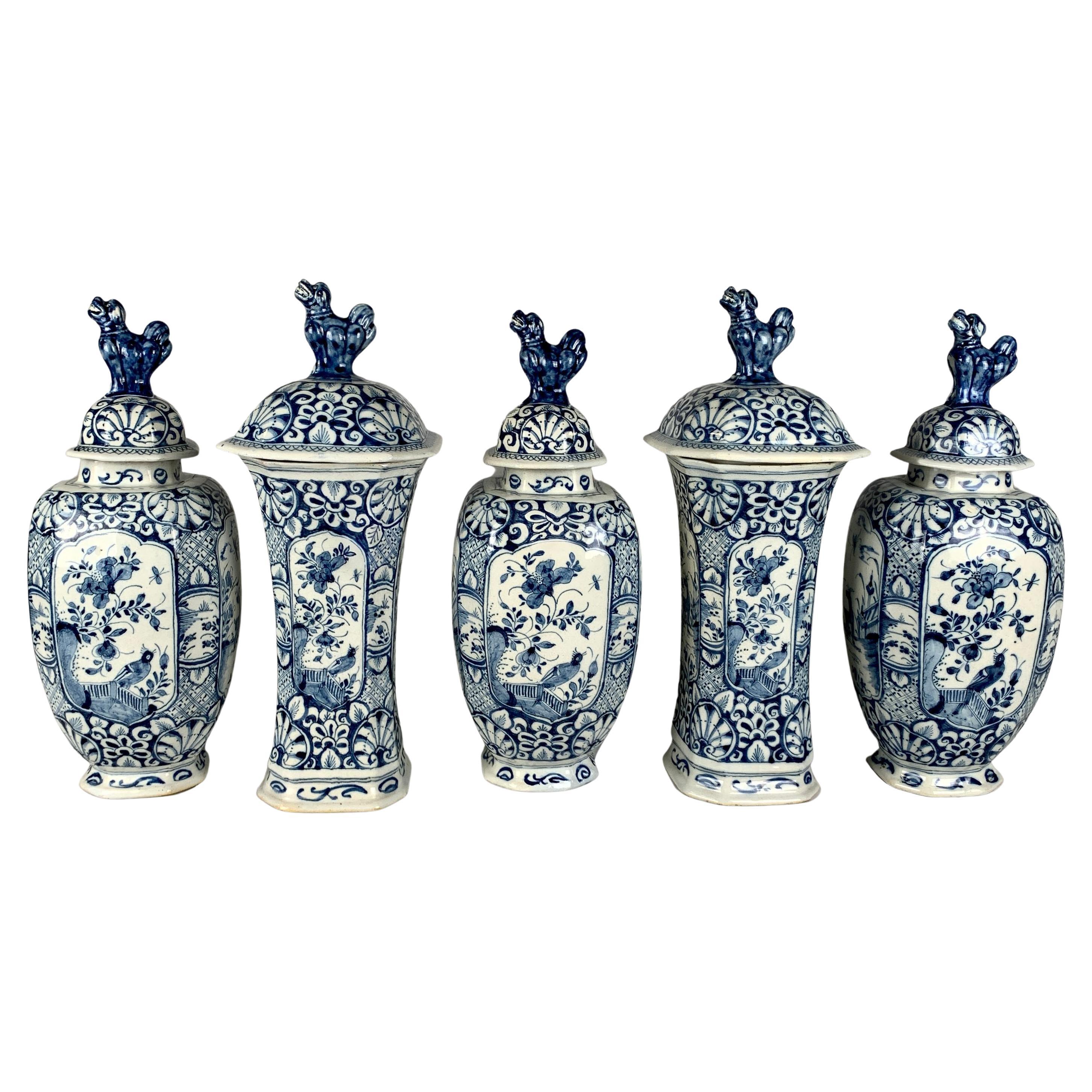 Blue and White Dutch Delft Five Piece Garniture Hand Painted 18th Century C-1760 For Sale