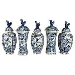 Blue and White Dutch Delft Five Piece Garniture Hand Painted 18th Century C-1760